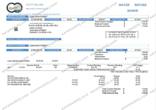 USA California City of Oxnard utility bill template in Word and PDF format